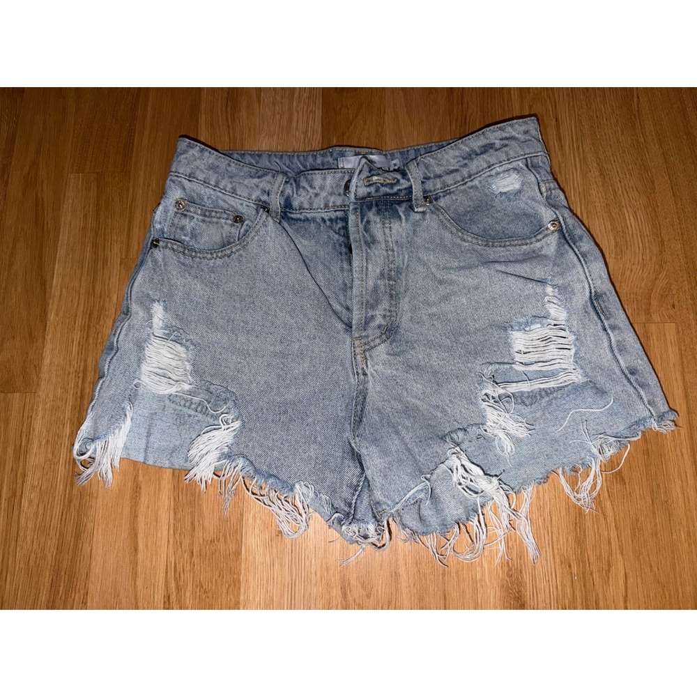 Adika Blue Distressed Denim Shorts Light Wash Frayed Hem Y2K High Waist Size M